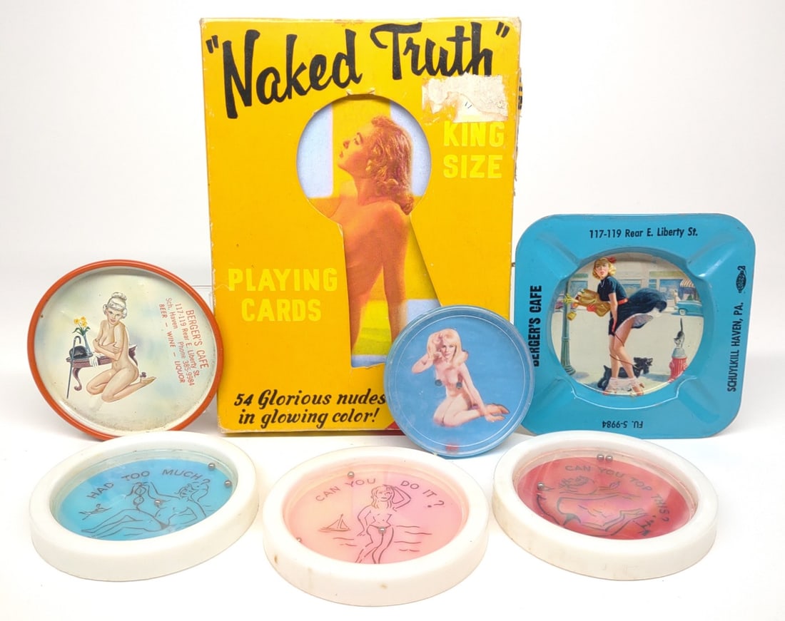 Vintage Risque Nude Ashtrays & Games: Naked Truth 54 King Size nude playing cards, 4 Nude dexterity games,1 tin Pinup advertising ashtray & 1 tin Nude advertising ashtray.