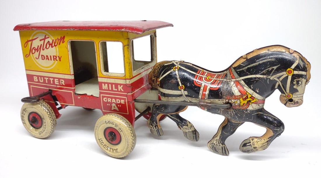 Marx Toytown Dairy Tin Wagon & Horse Wind-Up Toy (1 of 7)