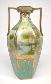Nippon Teal Blue Rolling Hills River Scene Vase