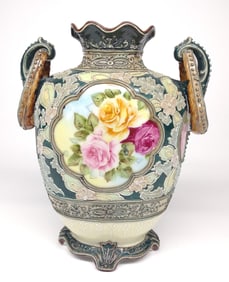 Nippon Moriage Floral Rose Ring Handled Vase