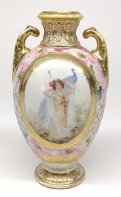 Nippon Lady With Peacock Portrait Vase