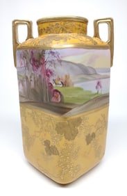 Nippon Yellow Lake Scene w/ Raised Gold Vase