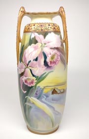 Nippon Jeweled Cabin Landscape Pink Floral Vase