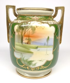 Nippon Green Pond & Cottage Landscape Scene Vase