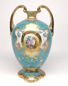 Nippon Teal Blue & Gold Floral Rose Vase