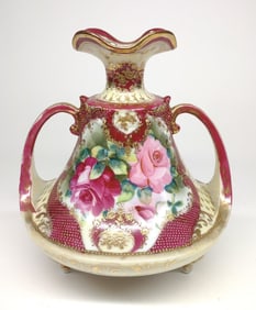 Kinran Nippon Beaded Burgundy Floral Rose Vase