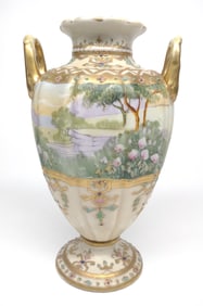 Nippon Landscape Jeweled Bolted Urn Vase