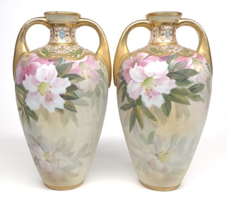 Pr of Nippon Pink Flower Jeweled Enamel Vases