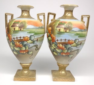 Pr of Nippon River Landscape Bolted Urn Vases