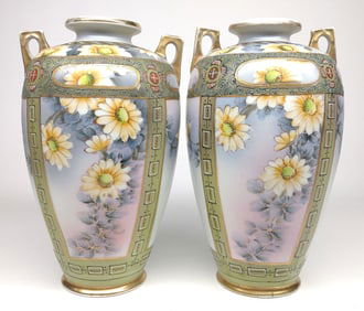 Pr of Nippon Daisy Flower & Enamel Vases