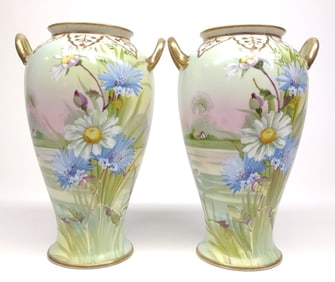 Pr of Nippon Floral Daisy Landscape Vases