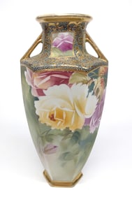 Nippon Hexagonal Floral Decorated Vase