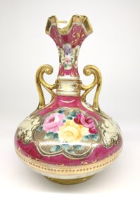 Nippon Floral Burgundy & Gold Squatted Vase