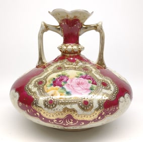 Nippon Burgundy & Gold Floral Rose Squatted Vase