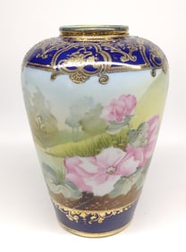 Nippon Cobalt Blue Pink Floral Pond Landscape Vase