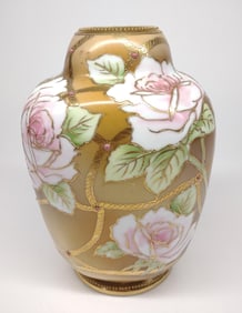 Nippon Gold Enamel Jeweled Rose Vase