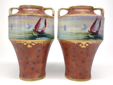 Pr of Nippon Hand Painted Sailing Ship Vases