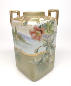 Nippon Lake & Pink Flower Painted Vase