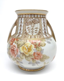 Nippon Red & Yellow Rose Porcelain Vase