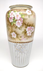 Nippon Pink Floral White Striped Porcelain Vase