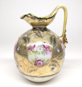 Nippon Jeweled Gold Floral Rose Ewer / Pitcher