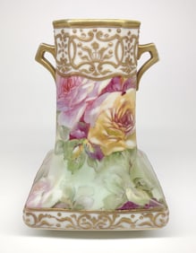 Nippon Square Floral Rose & Gold Vase