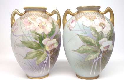 Pr of Nippon Blooming Pink Flower Vases