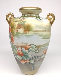 Nippon Painted Farm Landscape Scene Vase