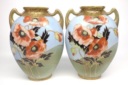 Pr of Nippon Poppy Decorated Twin Handle Vases