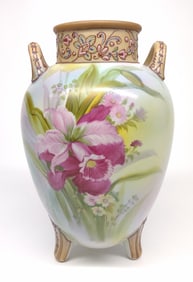 Nippon Floral Enamel Jeweling Footed Vase