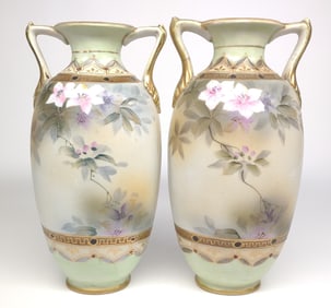 Pr of Nippon Pink Flower Gold Accent Vases