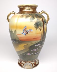 Nippon Butterfly Landscape Scene Painted Vase