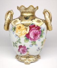 Nippon Floral Yellow & Pink Rose Ring Handled Vase