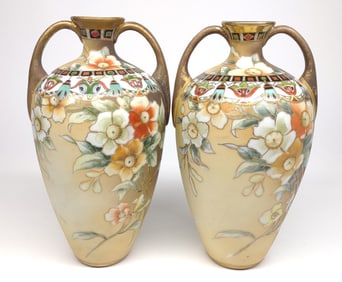 Pr of Nippon Floral Amphora Vases