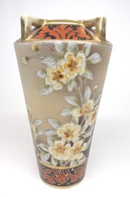 Nippon Yellow Floral Vase w/ Red & Black Pattern