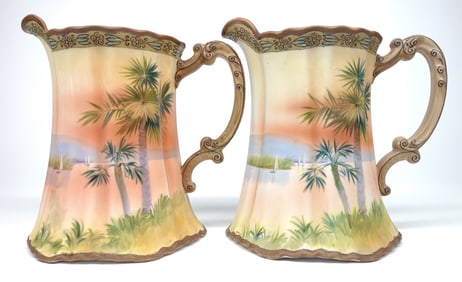 Pr of Nippon Sunset & Palm Tree Painted Pitchers