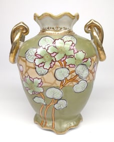 Nippon Floral Art Nouveau Green Ruffled Vase