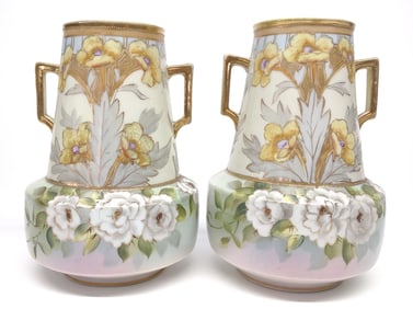 Pr of Nippon White & Yellow Floral Decorated Vases