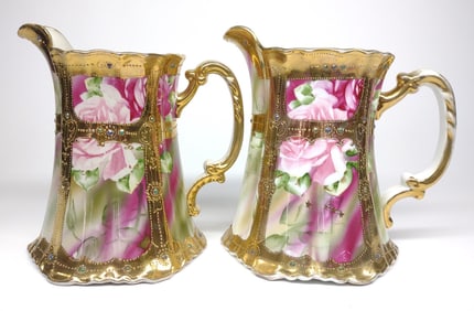 Pr of Nippon Rose & Gold Jeweled Milk Pitchers