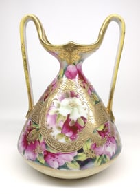 Nippon Pink Floral Gold Enamel Beaded Vase