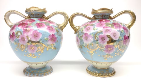 Pr of Nippon Prairie Rose Porcelain Vases