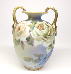 Nippon White Rose Floral Double Handle Vase