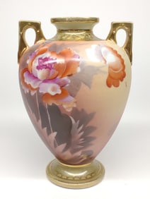 Nippon Red & Pink Floral Porcelain Urn Vase
