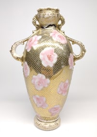 Nippon Aqua Beaded Gold & Floral Rose Vase