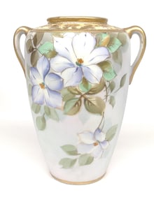 Nippon Double Handled Blue Floral Porcelain Vase