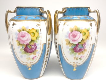 Pr of Nippon Teal Blue Floral Rose Decorated Vases