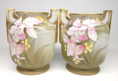 Pr of Nippon Pink Bell Flower Shaped Vases