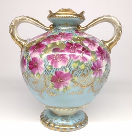 Nippon Teal Blue Pink Floral Painted Vase
