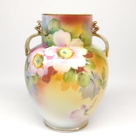 Nippon Pink Floral Double Handle Vase