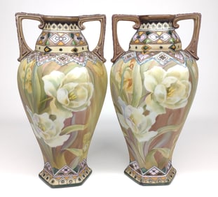 Pr of Nippon Zig Zag Floral Vases